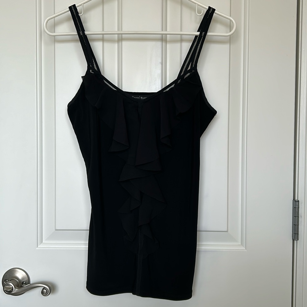 WHBM black mild V front ruffled tank with open strap detail. Size XS.